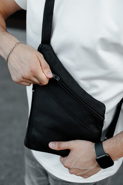 Handmade Mens Black Genuine Leather Sling Bag Crossbody Chest Bag Gift for Him