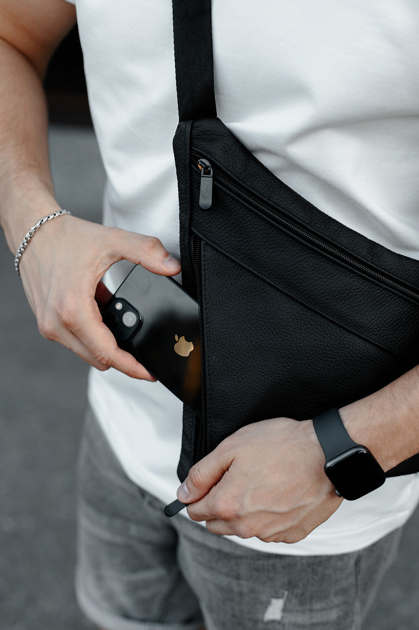 Handmade Mens Black Genuine Leather Sling Bag Crossbody Chest Bag Gift for Him