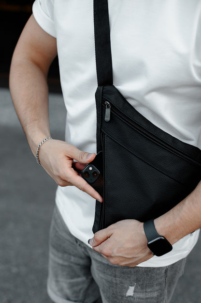 Handmade Mens Black Genuine Leather Sling Bag Crossbody Chest Bag Gift for Him