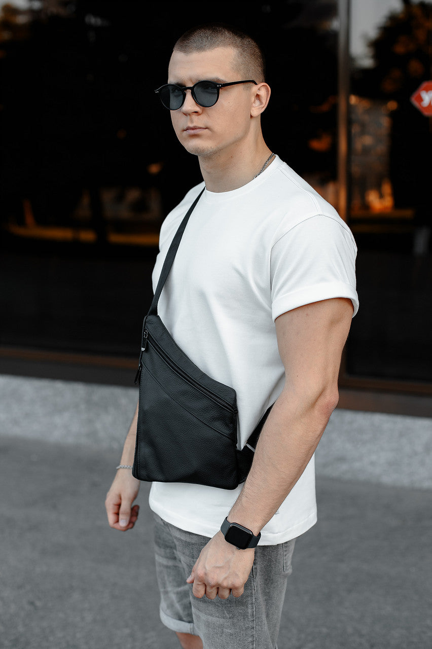 Handmade Mens Black Genuine Leather Sling Bag Crossbody Chest Bag Gift for Him