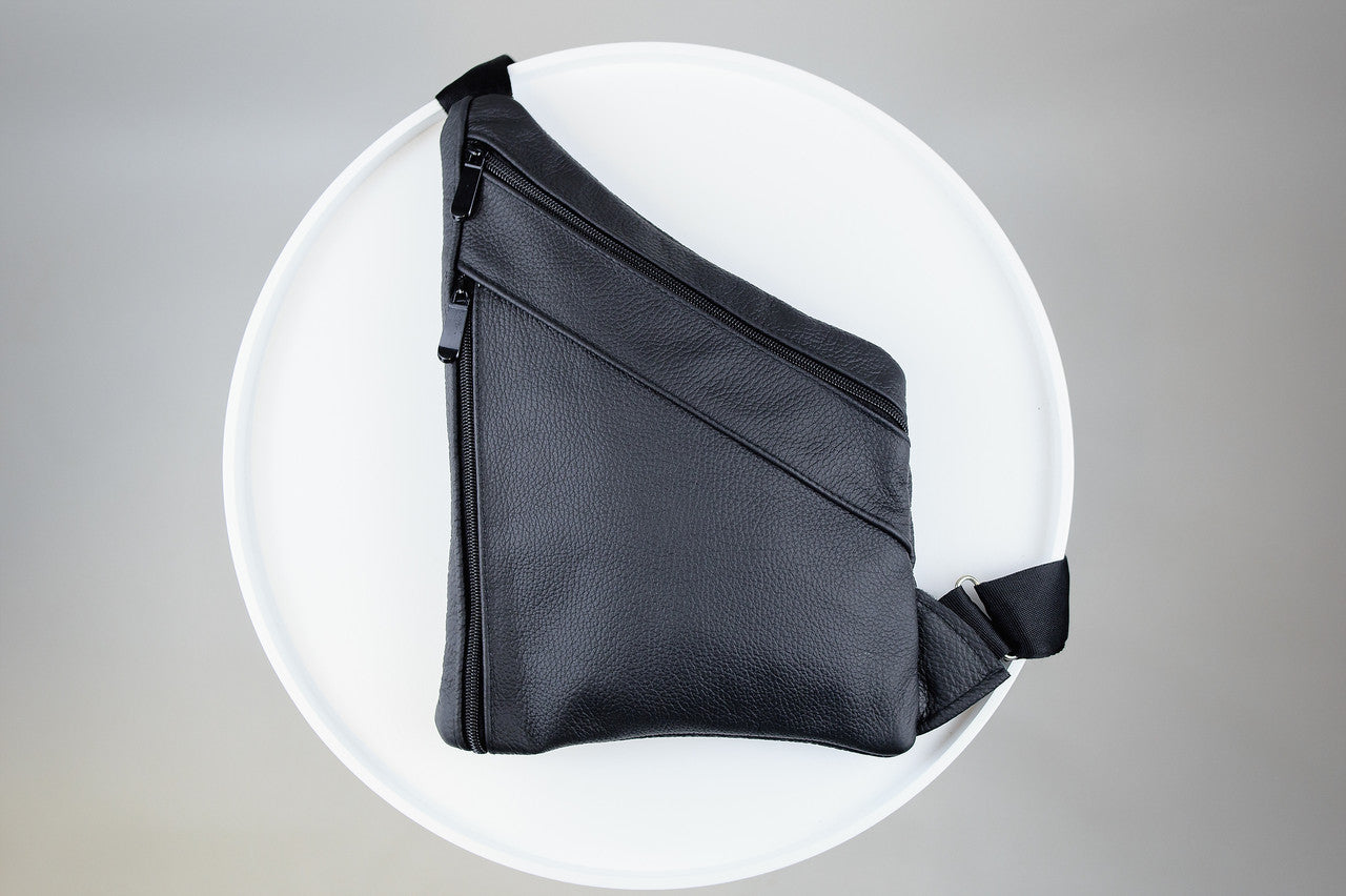 Handmade Mens Black Leather Chest Bag Sling Genuine Grain Leather Crossbody Gift for Him