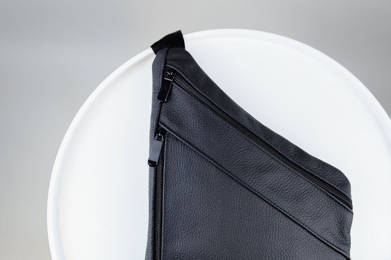 Handmade Mens Black Leather Chest Bag Sling Genuine Grain Leather Crossbody Gift for Him