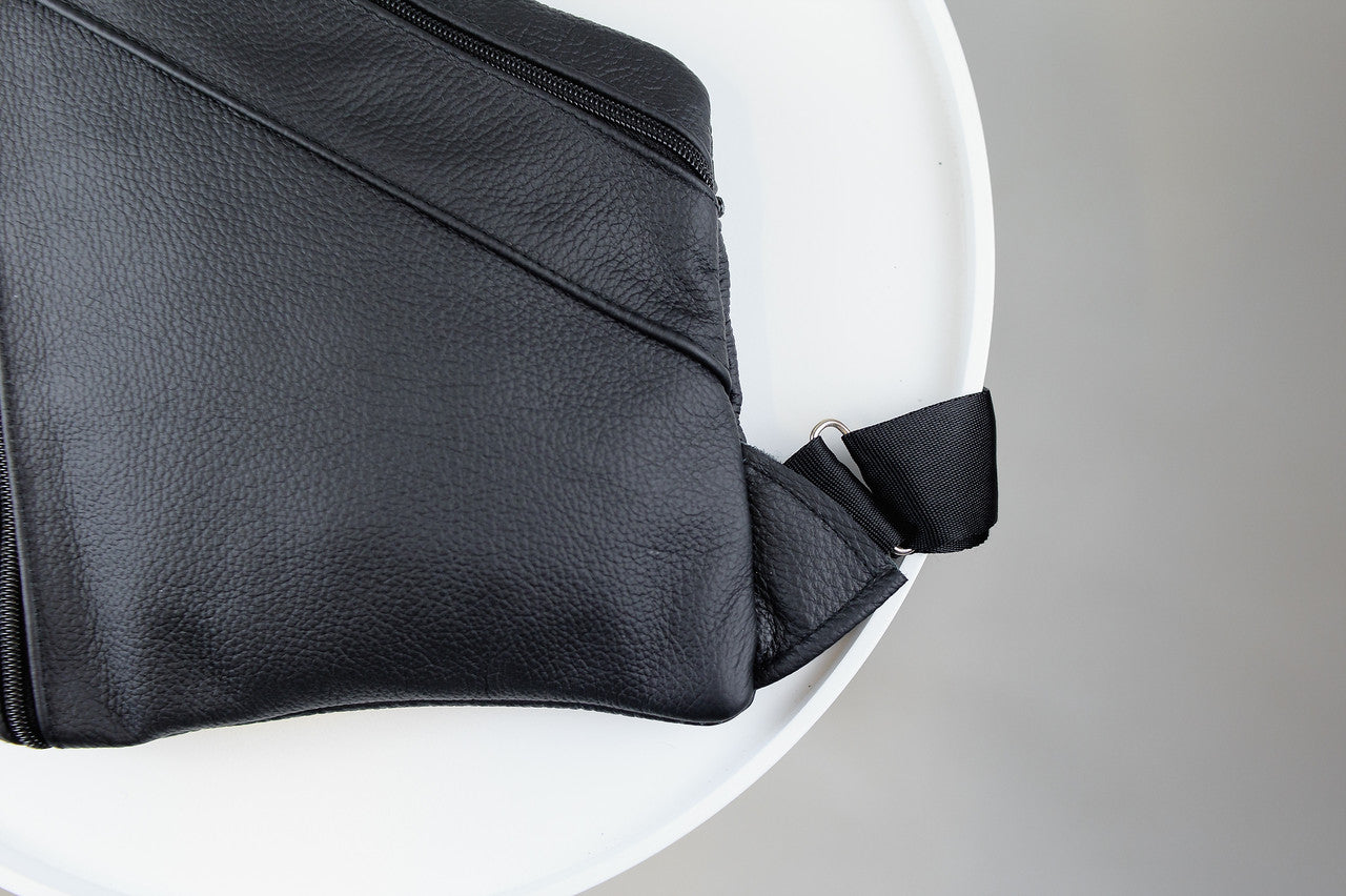 Handmade Mens Black Leather Chest Bag Sling Genuine Grain Leather Crossbody Gift for Him