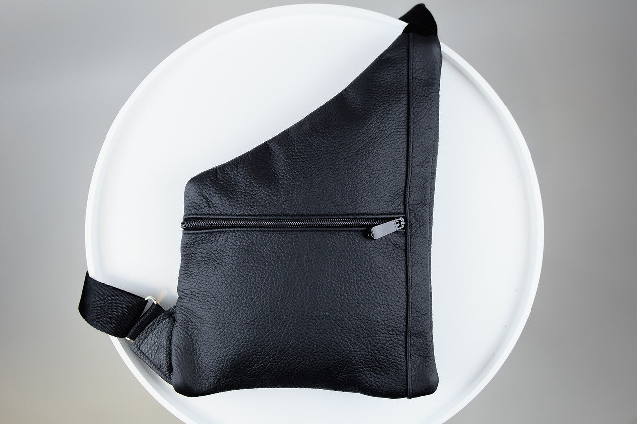 Handmade Mens Black Leather Chest Bag Sling Genuine Grain Leather Crossbody Gift for Him