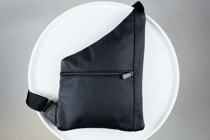 Handmade Mens Black Leather Chest Bag Sling Genuine Grain Leather Crossbody Gift for Him