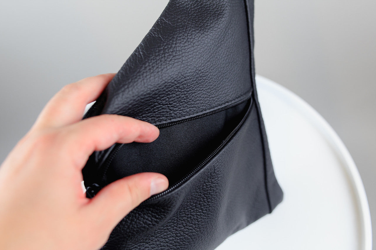 Handmade Mens Black Leather Chest Bag Sling Genuine Grain Leather Crossbody Gift for Him