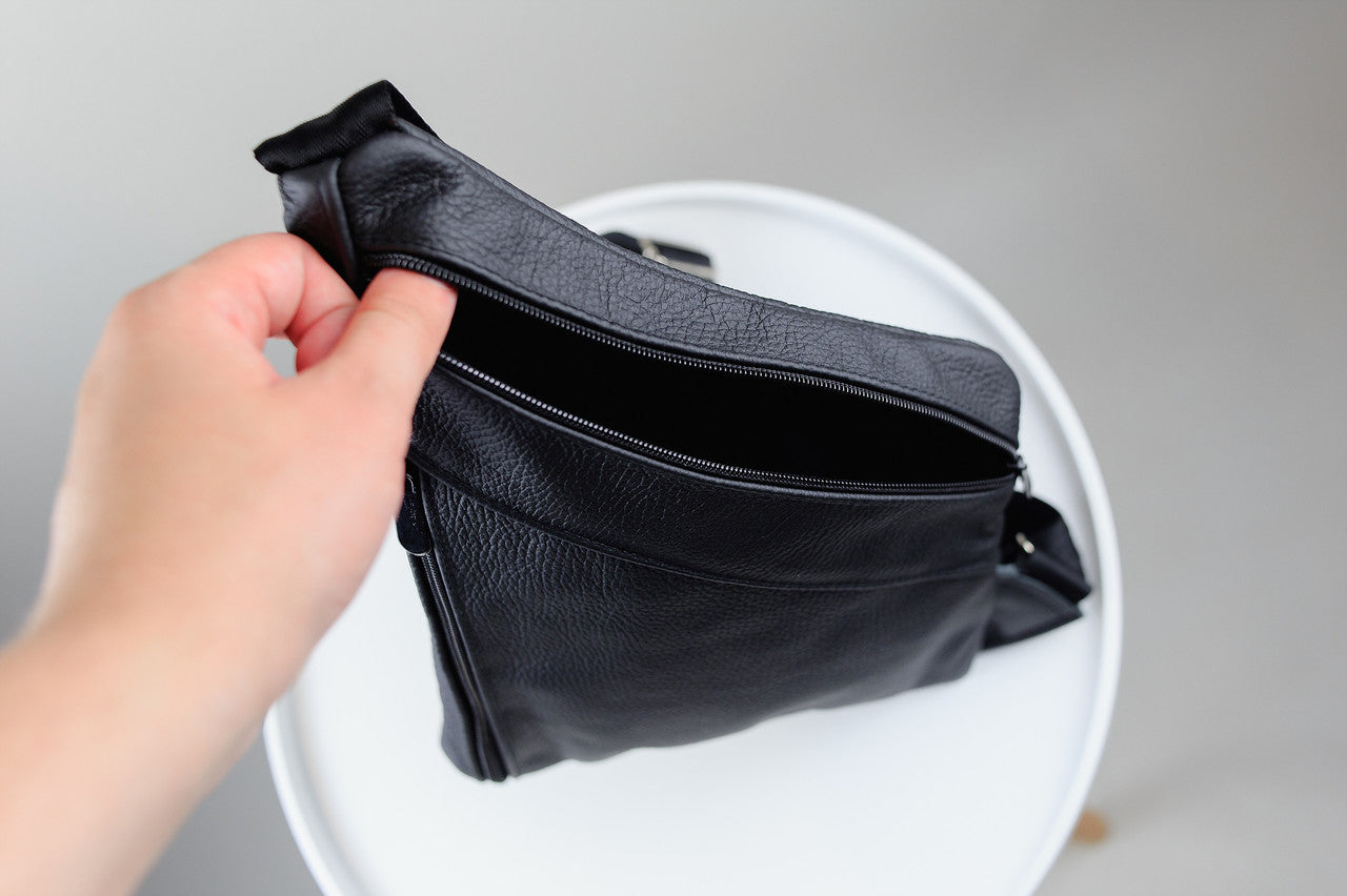 Handmade Mens Black Leather Chest Bag Sling Genuine Grain Leather Crossbody Gift for Him