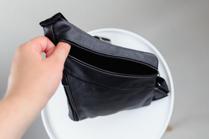 Handmade Mens Black Leather Chest Bag Sling Genuine Grain Leather Crossbody Gift for Him