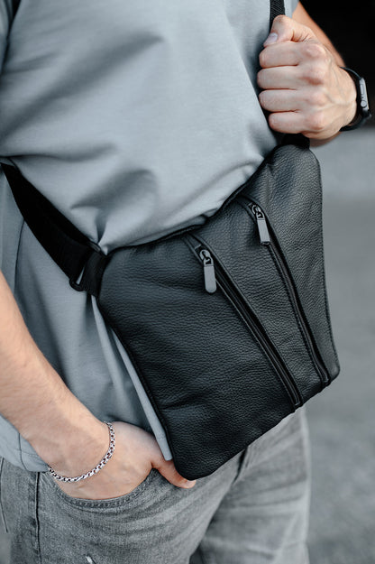 Mens Genuine Leather Sling Bag Black Handmade Gift for Him