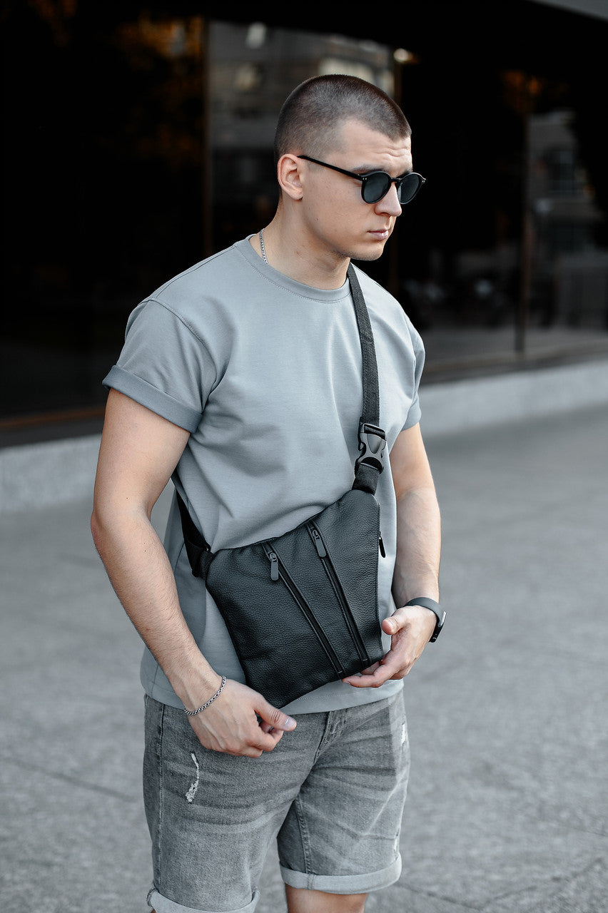 Mens Genuine Leather Sling Bag Black Handmade Gift for Him