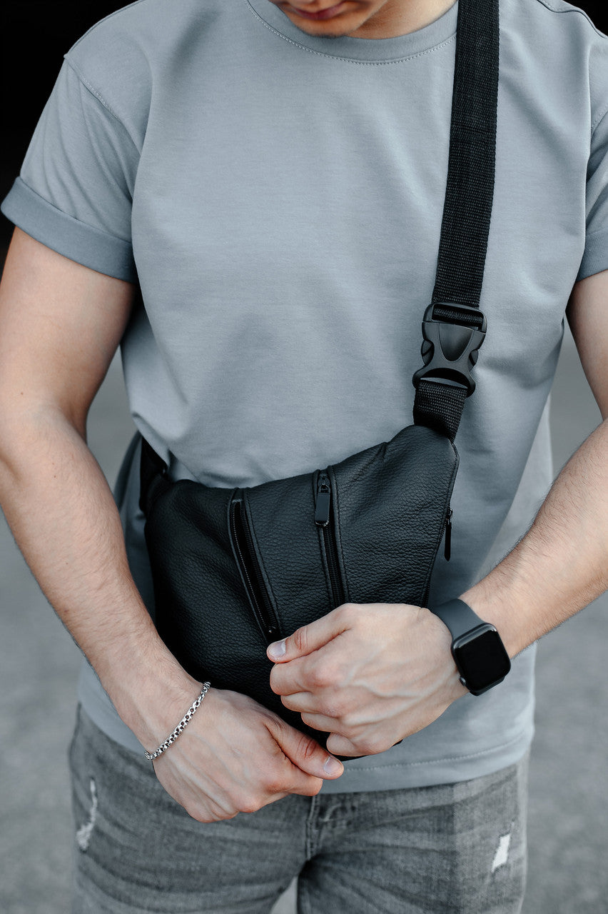 Mens Genuine Leather Sling Bag Black Handmade Gift for Him
