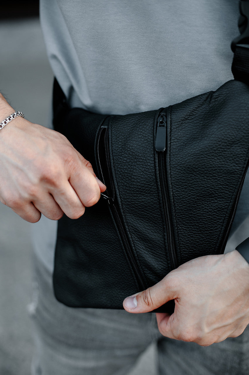 Mens Genuine Leather Sling Bag Black Handmade Gift for Him
