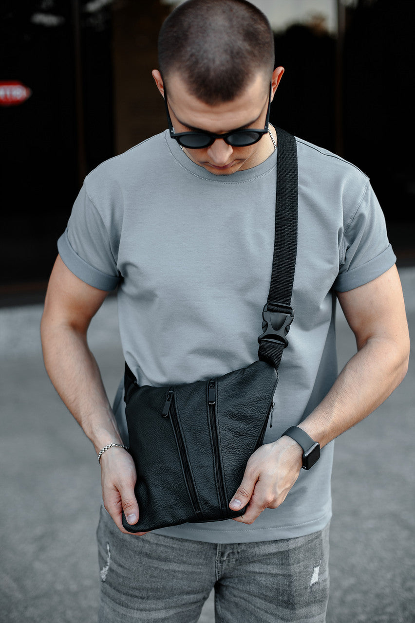 Mens Genuine Leather Sling Bag Black Handmade Gift for Him