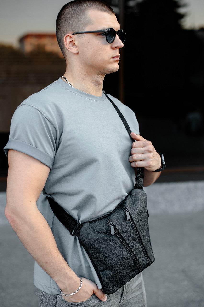 Mens Genuine Leather Sling Bag Black Handmade Gift for Him