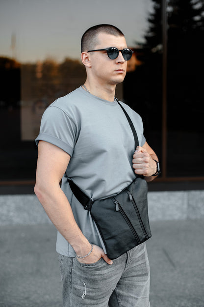 Mens Genuine Leather Sling Bag Black Handmade Gift for Him