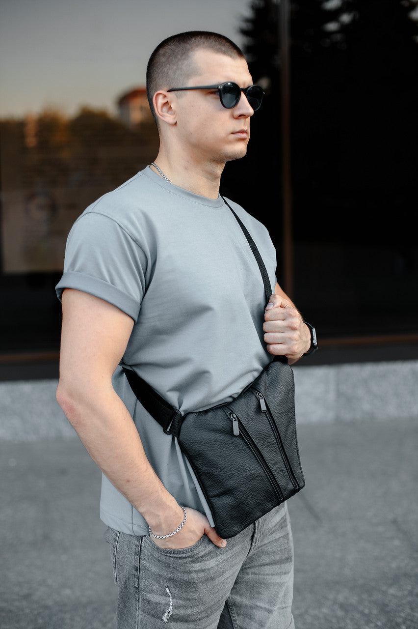 Mens Genuine Leather Sling Bag Black Handmade Gift for Him