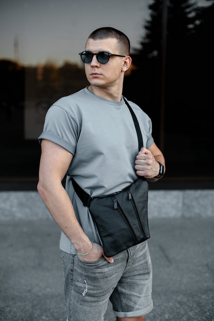Mens Genuine Leather Sling Bag Black Handmade Gift for Him