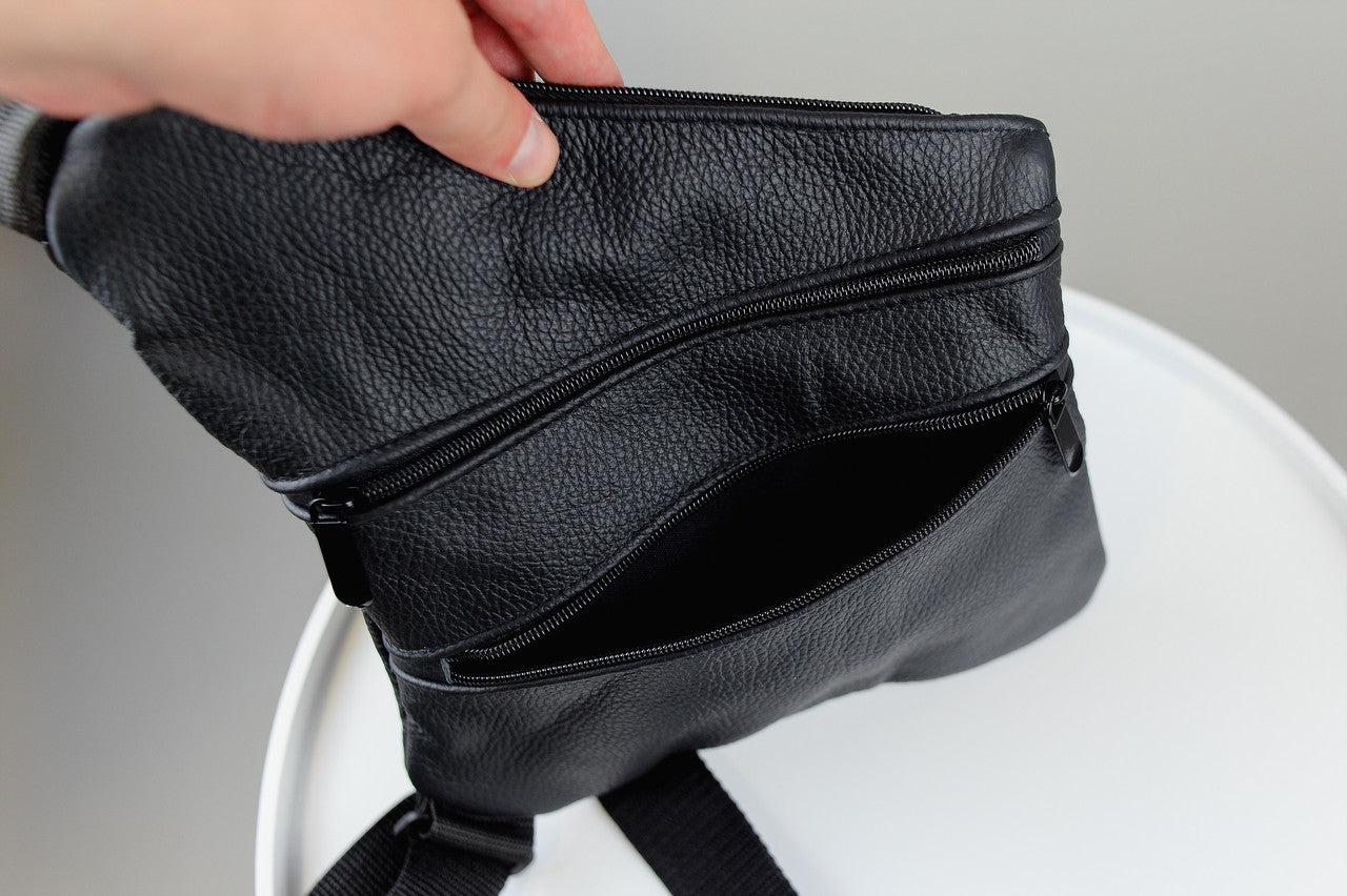 Handmade Mens Leather Chest Bag Black Sling Crossbody Bag Gift for Him