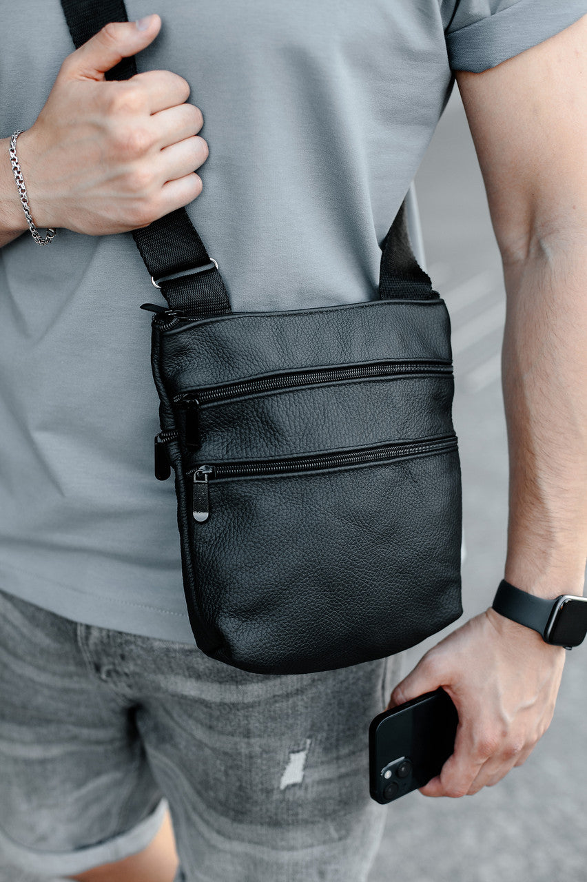 Handmade Genuine Leather Black Messenger Bag for Men Gift for Him