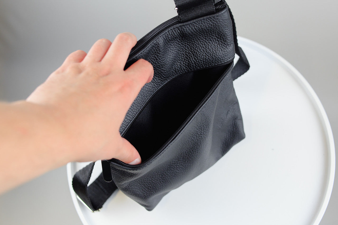 Handmade Black Leather Shoulder Bag for Men Gift for Him Crossbody Bag