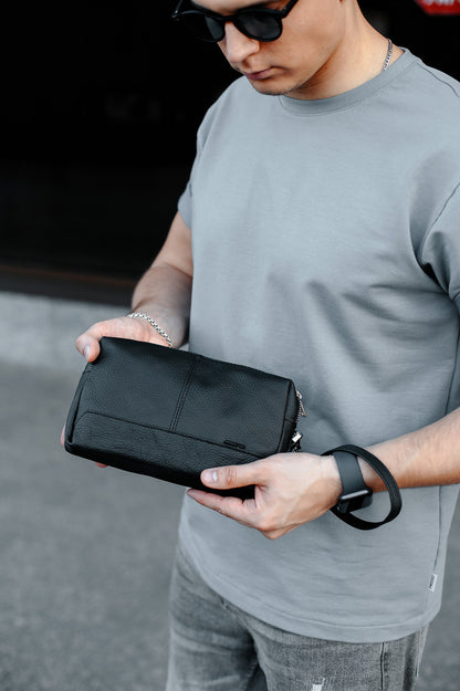 Handmade Mens Black Genuine Leather Clutch SKILL Gift for Him