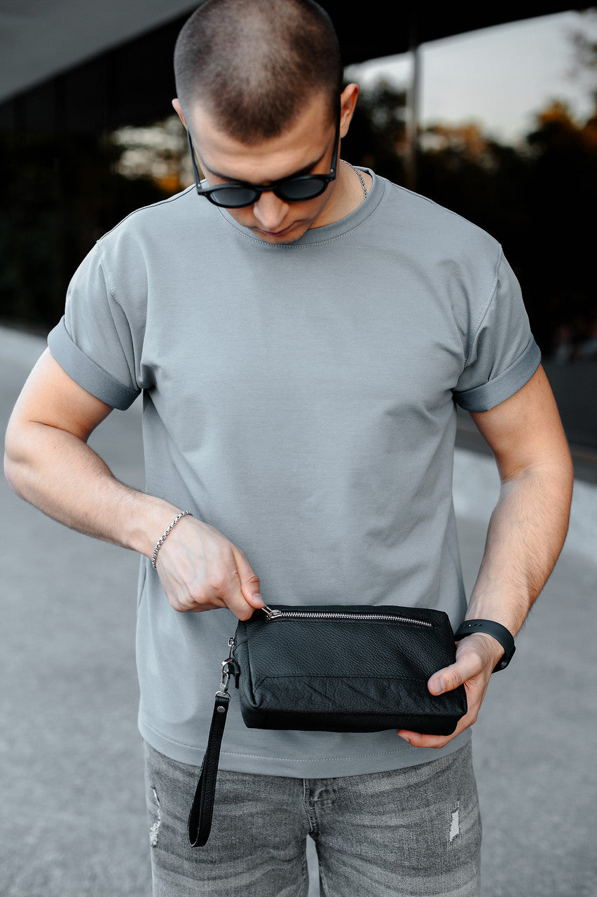 Handmade Mens Black Genuine Leather Clutch SKILL Gift for Him