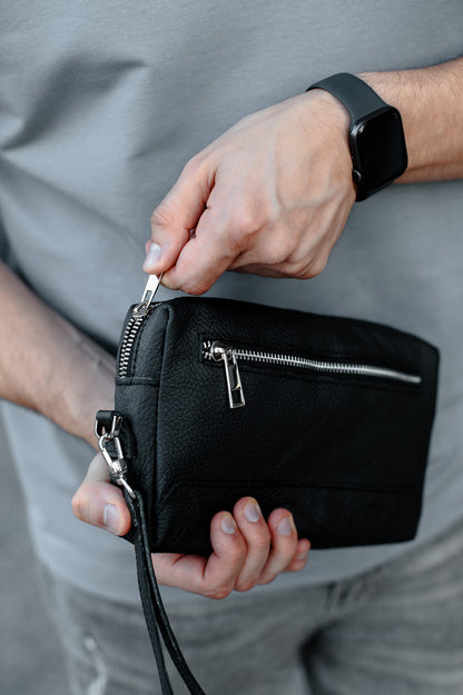 Handmade Mens Black Genuine Leather Clutch SKILL Gift for Him