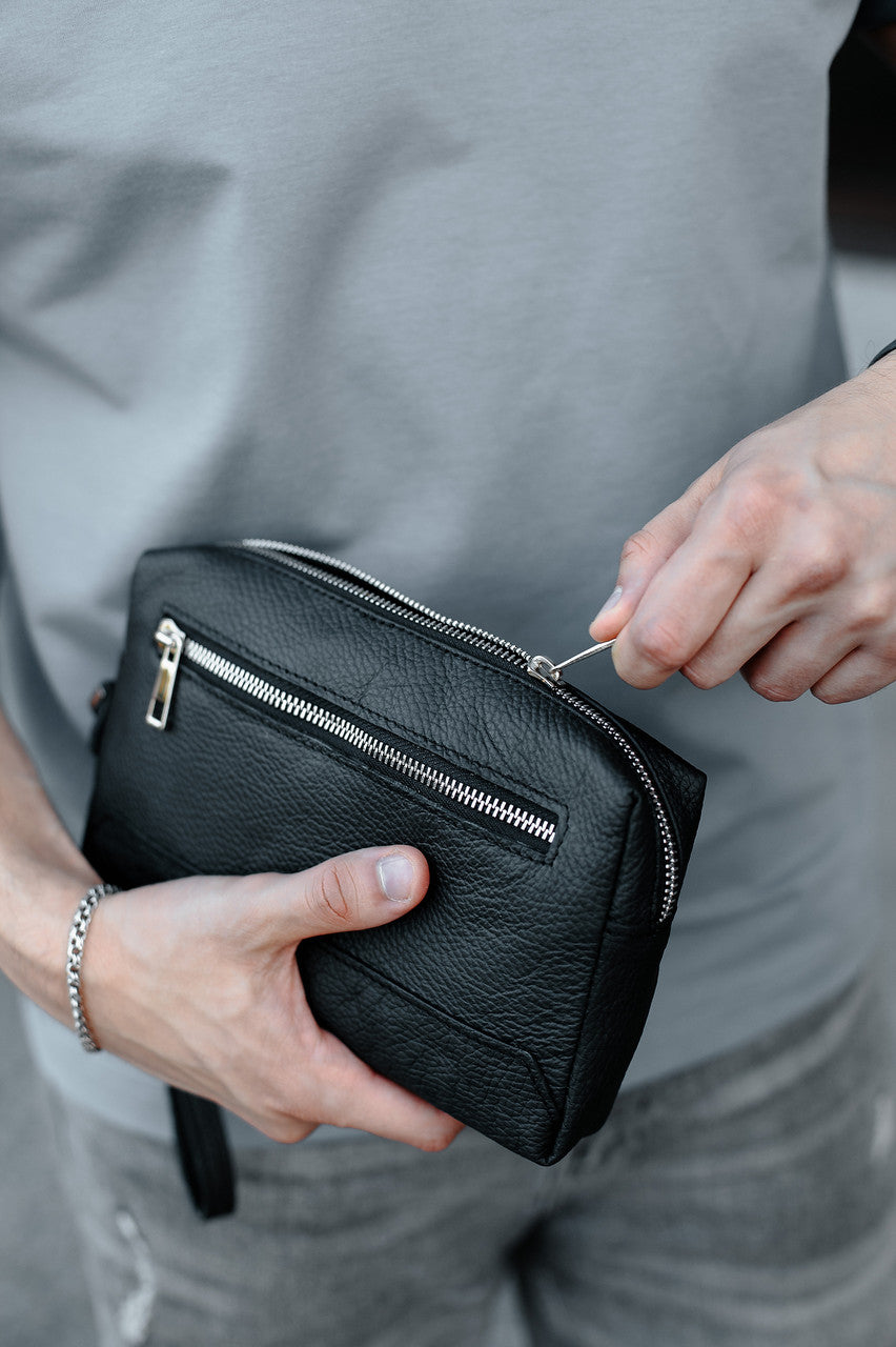 Handmade Mens Black Genuine Leather Clutch SKILL Gift for Him