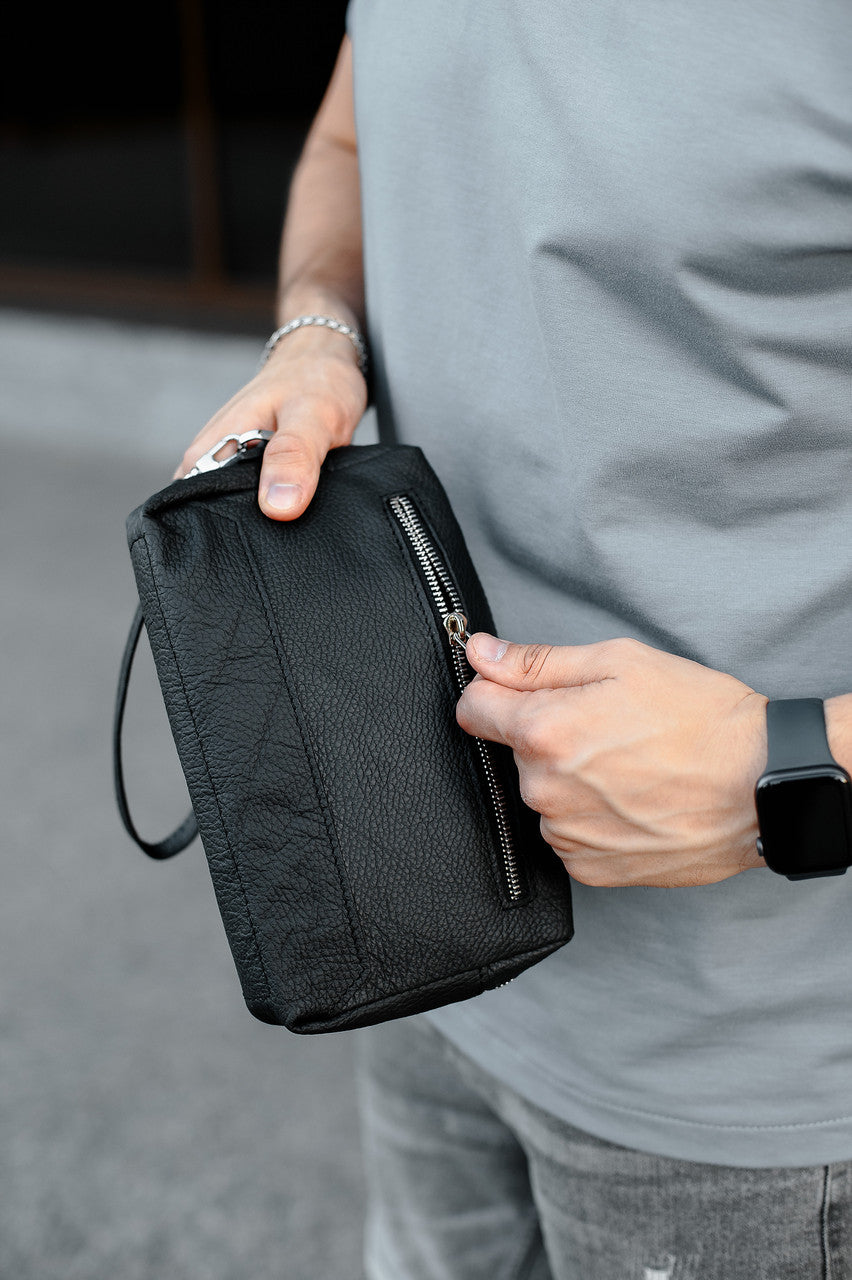 Handmade Mens Black Genuine Leather Clutch SKILL Gift for Him