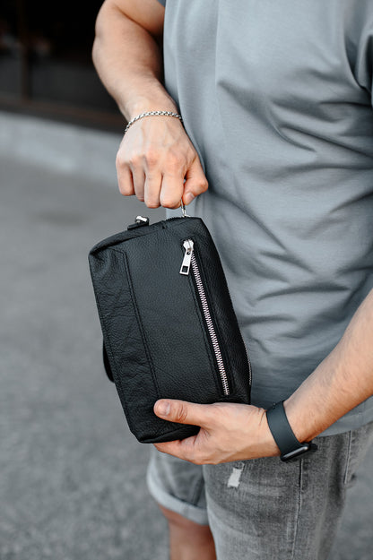 Handmade Mens Black Genuine Leather Clutch SKILL Gift for Him