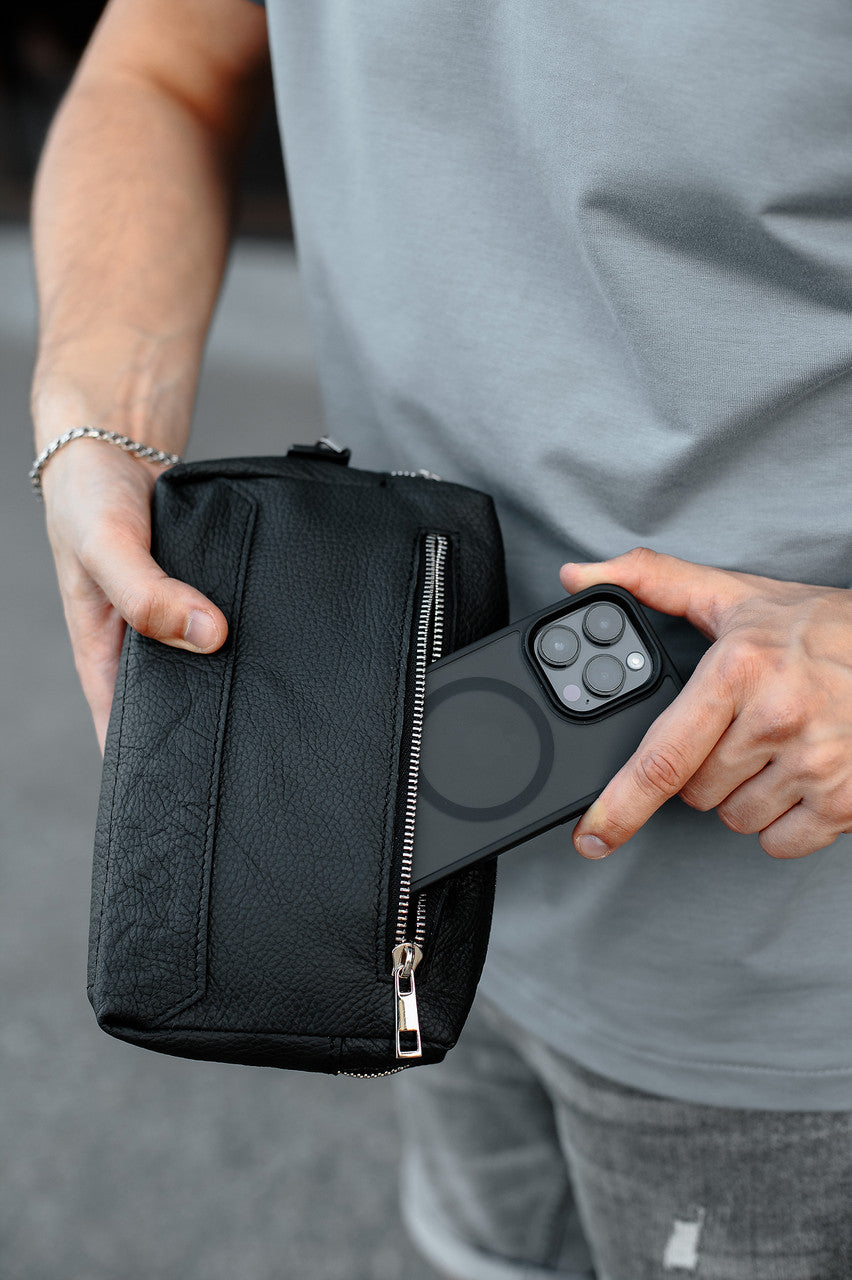 Handmade Mens Black Genuine Leather Clutch SKILL Gift for Him