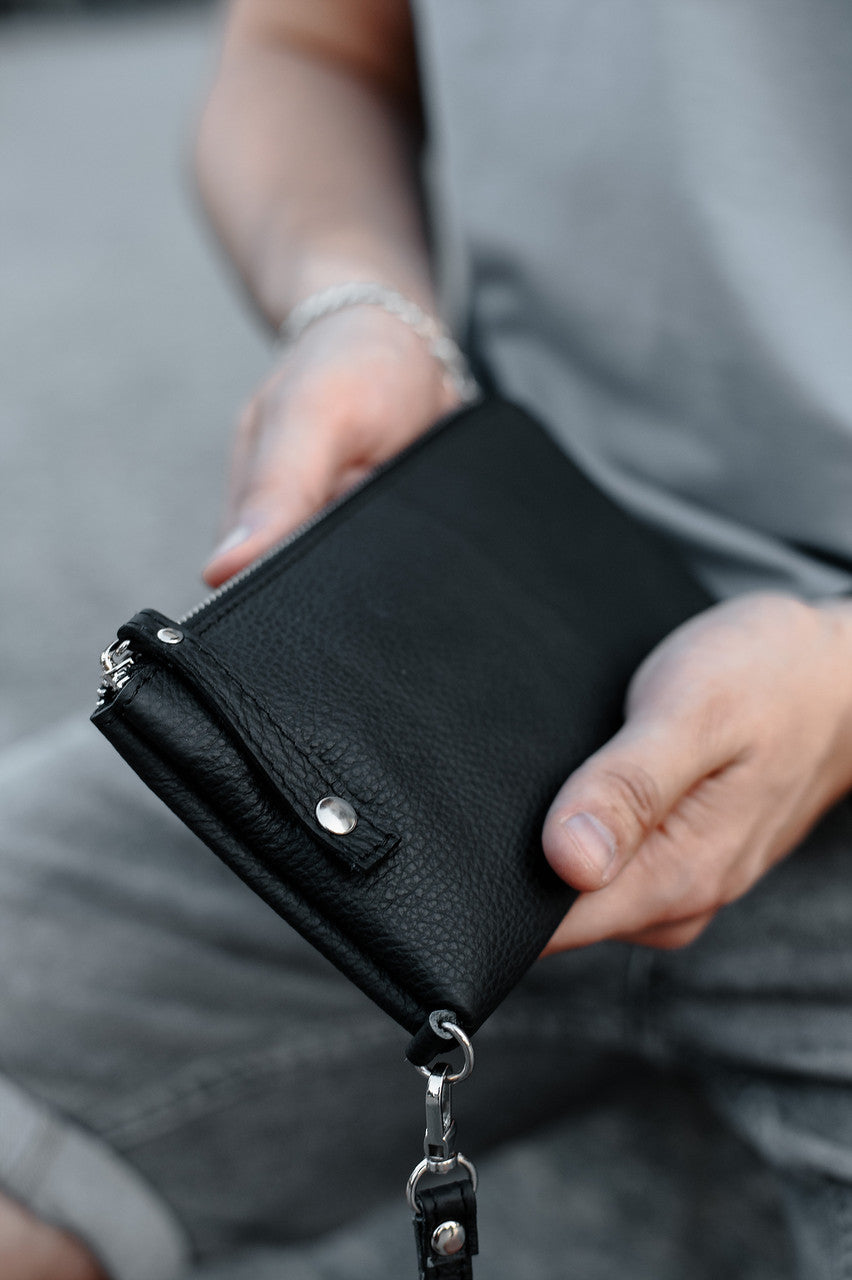 Handmade Mens Genuine Leather Clutch Wallet Black Gift For Him Wristlet