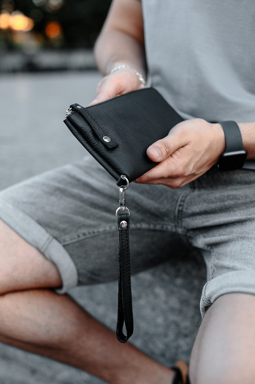 Handmade Mens Genuine Leather Clutch Wallet Black Gift For Him Wristlet