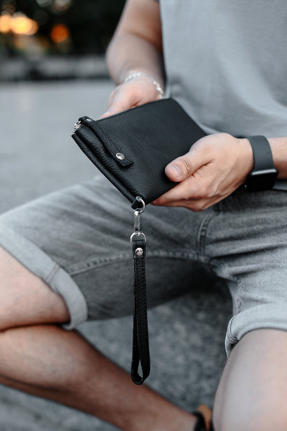 Handmade Mens Genuine Leather Clutch Wallet Black Gift For Him Wristlet
