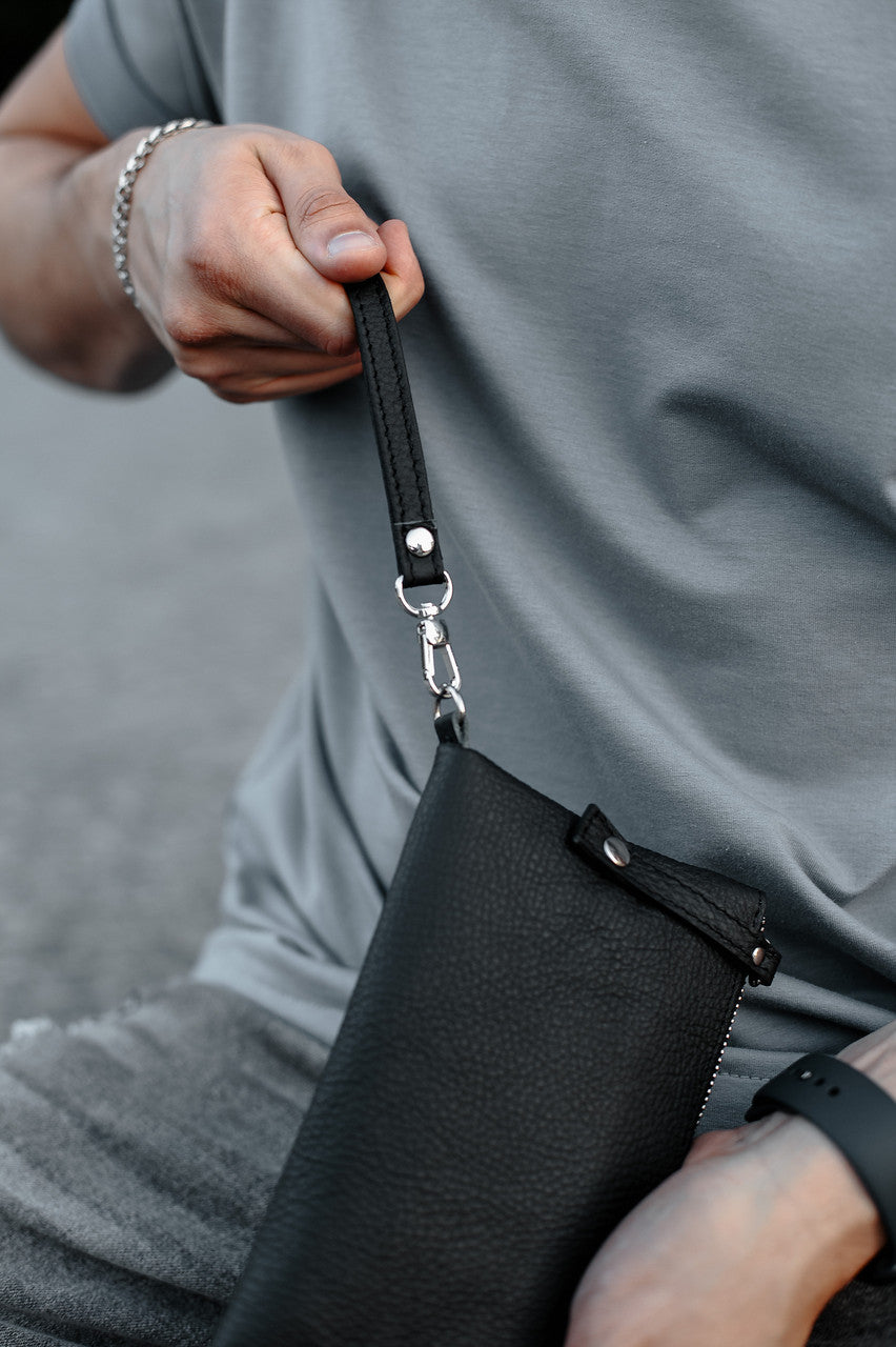 Handmade Mens Genuine Leather Clutch Wallet Black Gift For Him Wristlet