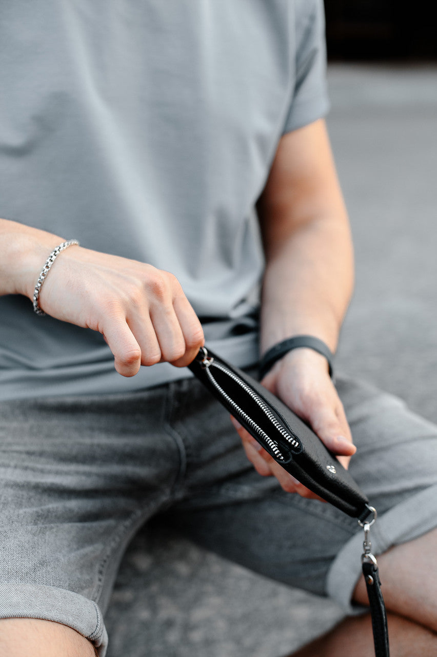 Handmade Mens Genuine Leather Clutch Wallet Black Gift For Him Wristlet