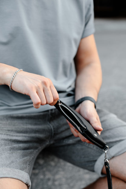 Handmade Mens Genuine Leather Clutch Wallet Black Gift For Him Wristlet