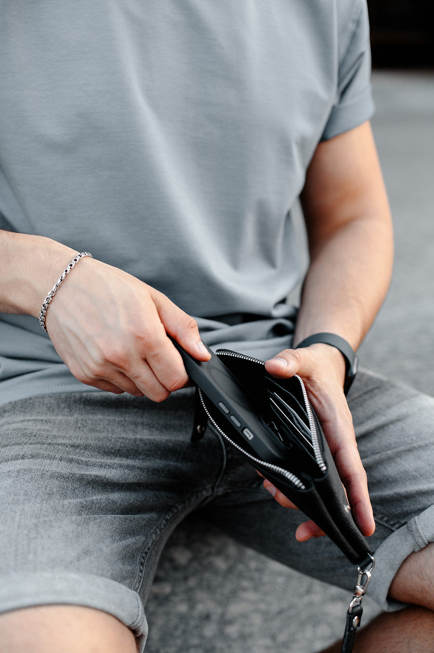 Handmade Mens Genuine Leather Clutch Wallet Black Gift For Him Wristlet