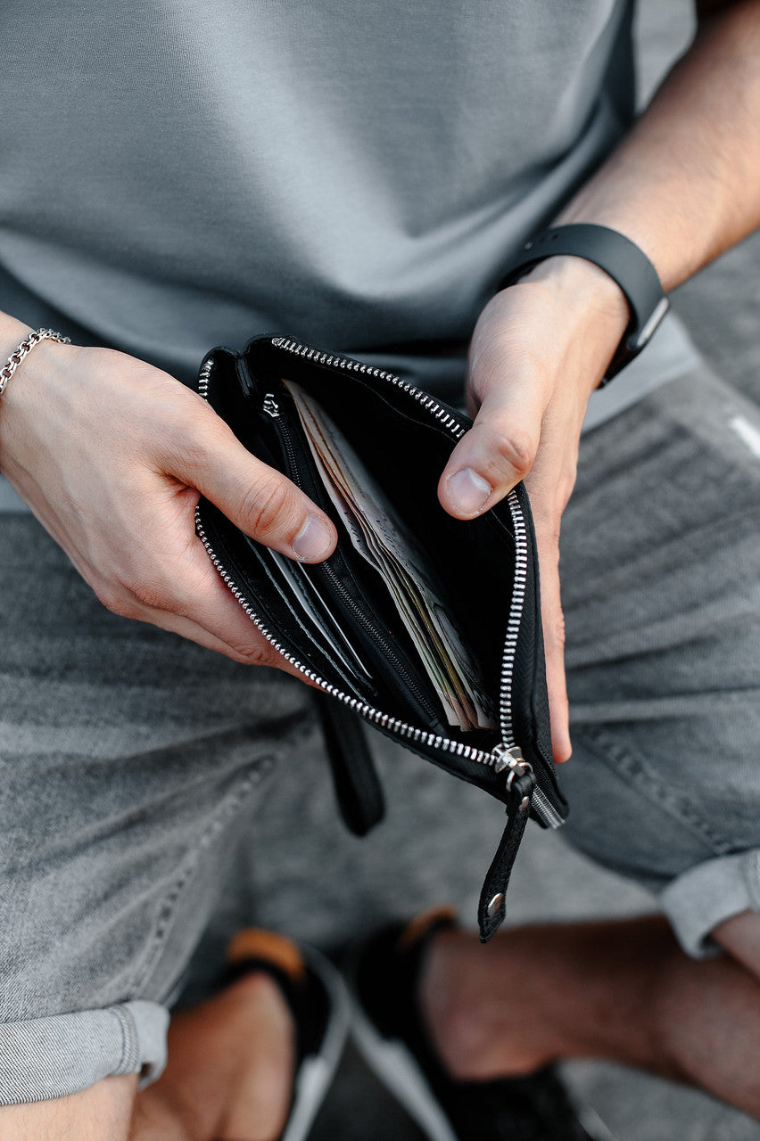 Handmade Mens Genuine Leather Clutch Wallet Black Gift For Him Wristlet