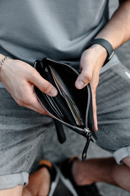 Handmade Mens Genuine Leather Clutch Wallet Black Gift For Him Wristlet