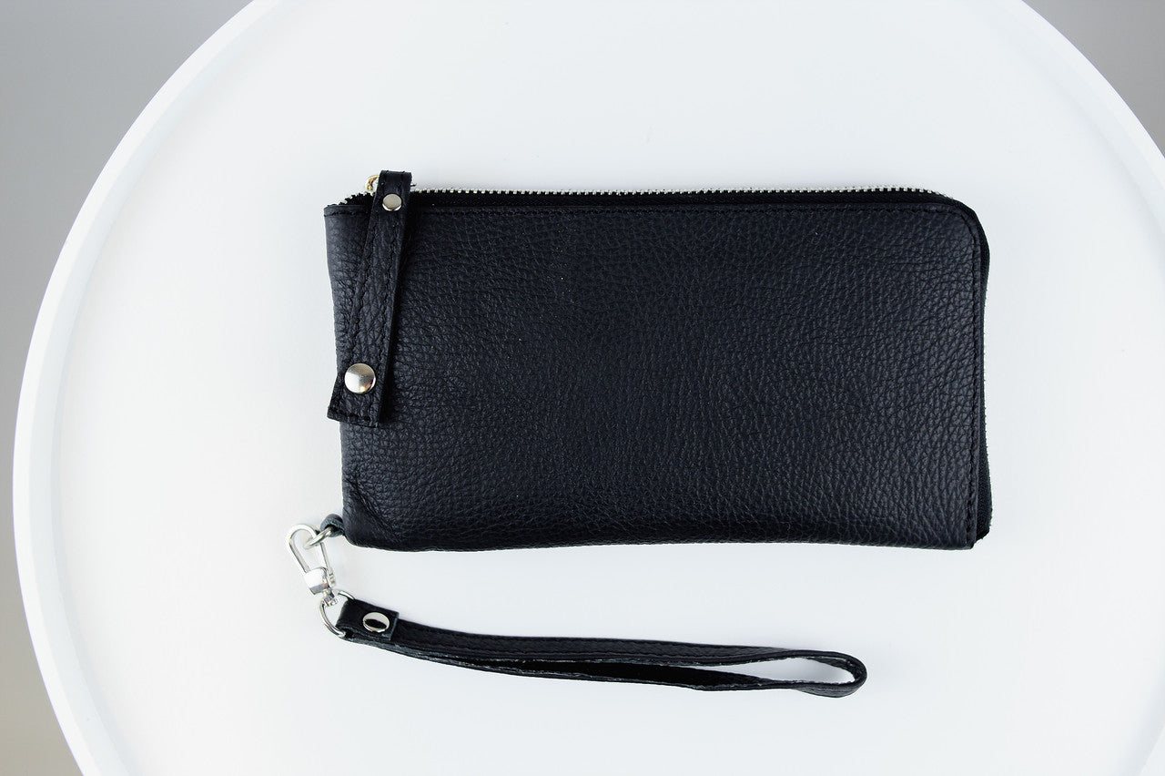Handmade Mens Black Grain Leather Clutch Wallet Gift for Him Wristlet Zippered Card Holder