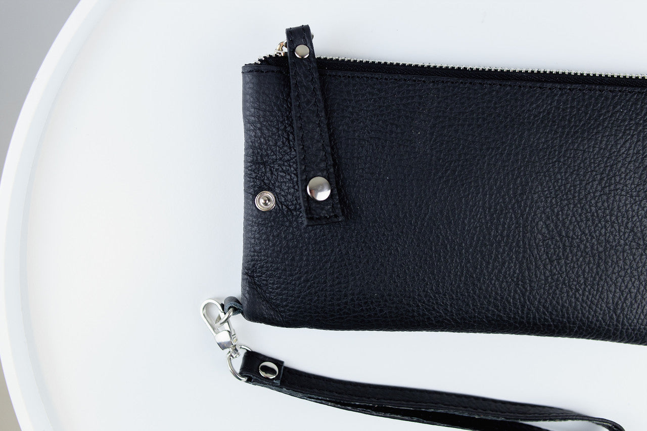 Handmade Mens Black Grain Leather Clutch Wallet Gift for Him Wristlet Zippered Card Holder