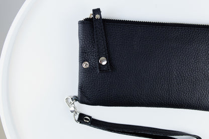 Handmade Mens Black Grain Leather Clutch Wallet Gift for Him Wristlet Zippered Card Holder