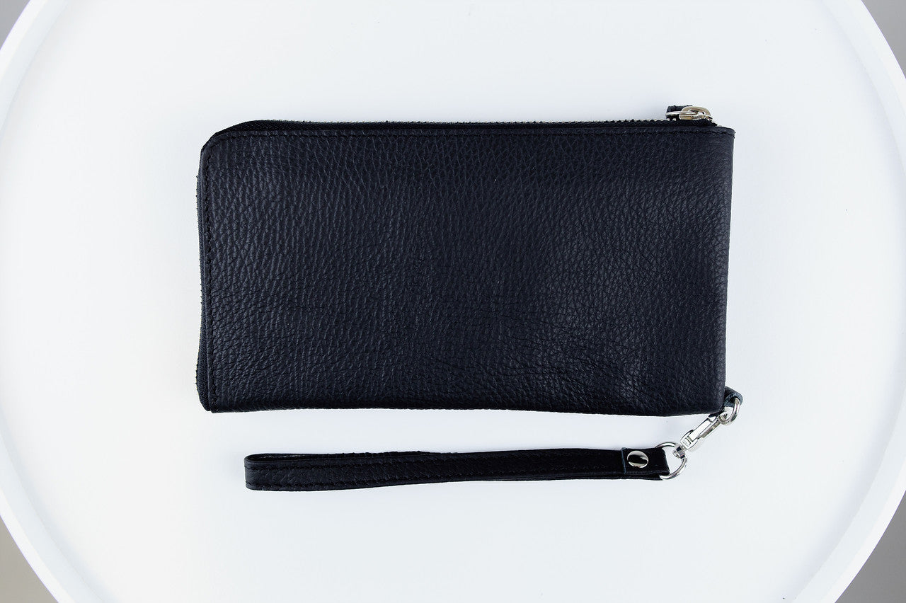 Handmade Mens Black Grain Leather Clutch Wallet Gift for Him Wristlet Zippered Card Holder