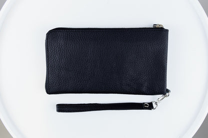 Handmade Mens Black Grain Leather Clutch Wallet Gift for Him Wristlet Zippered Card Holder
