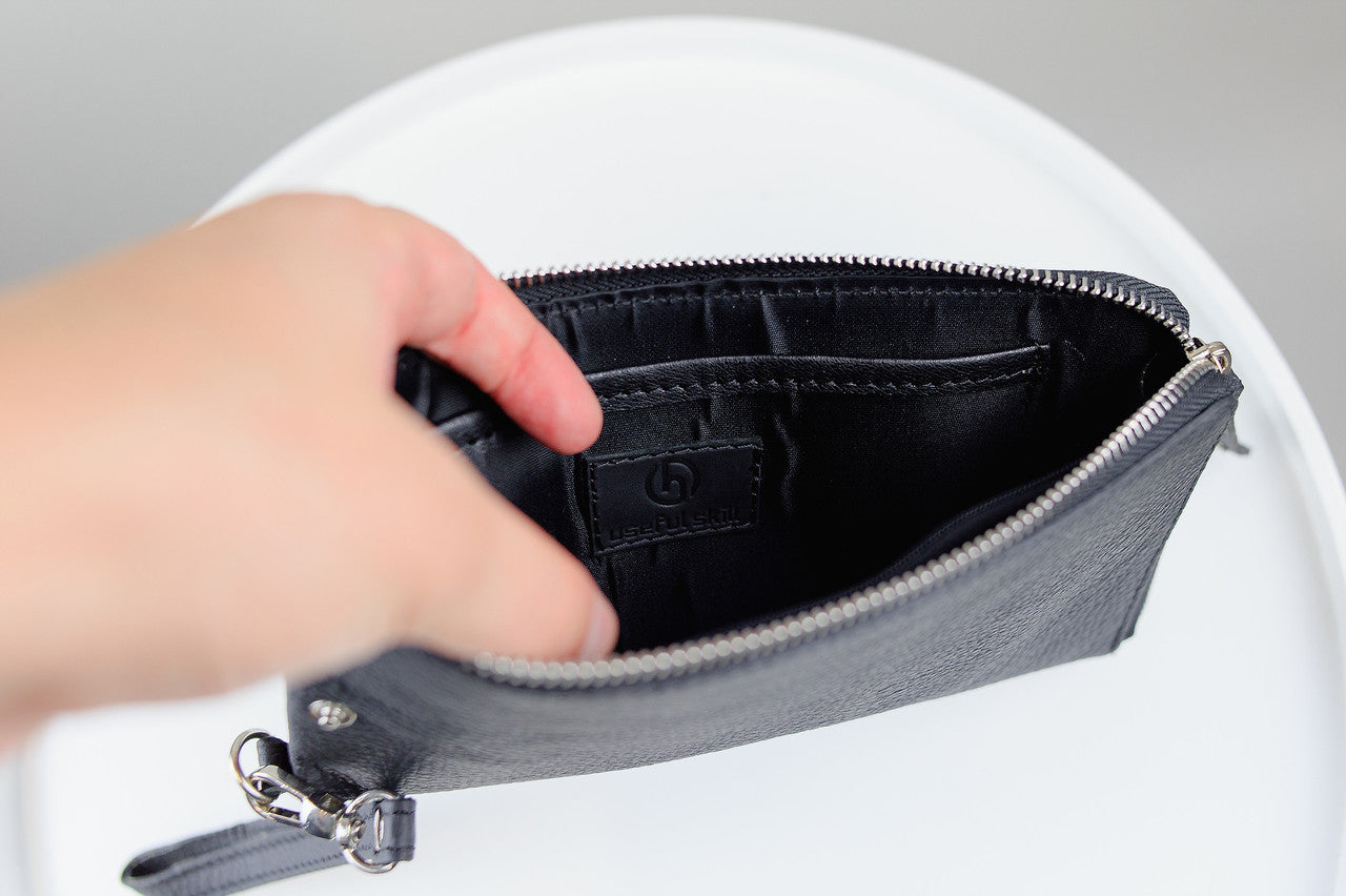 Handmade Mens Black Grain Leather Clutch Wallet Gift for Him Wristlet Zippered Card Holder