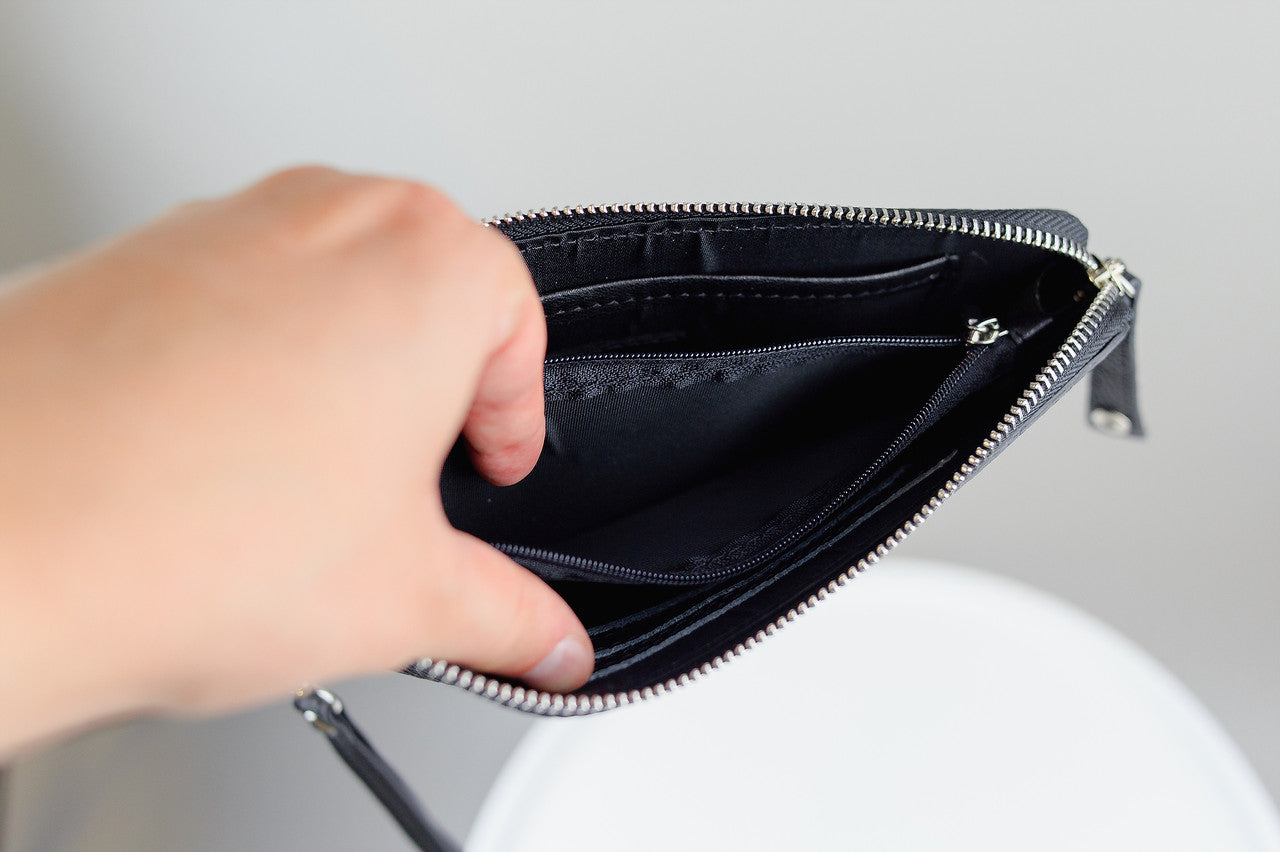 Handmade Mens Black Grain Leather Clutch Wallet Gift for Him Wristlet Zippered Card Holder