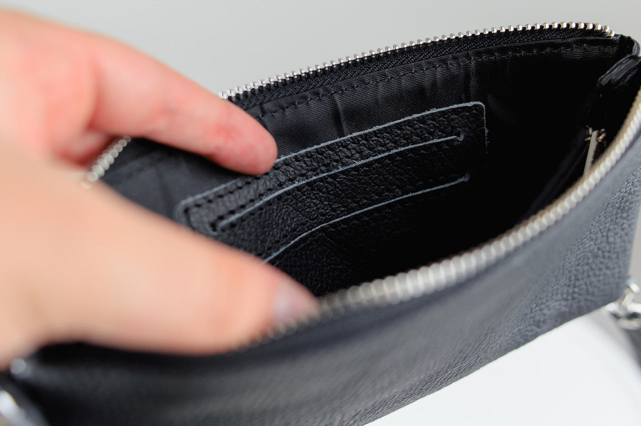 Handmade Mens Black Grain Leather Clutch Wallet Gift for Him Wristlet Zippered Card Holder