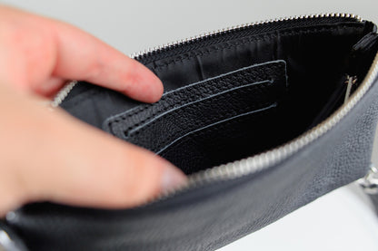Handmade Mens Black Grain Leather Clutch Wallet Gift for Him Wristlet Zippered Card Holder