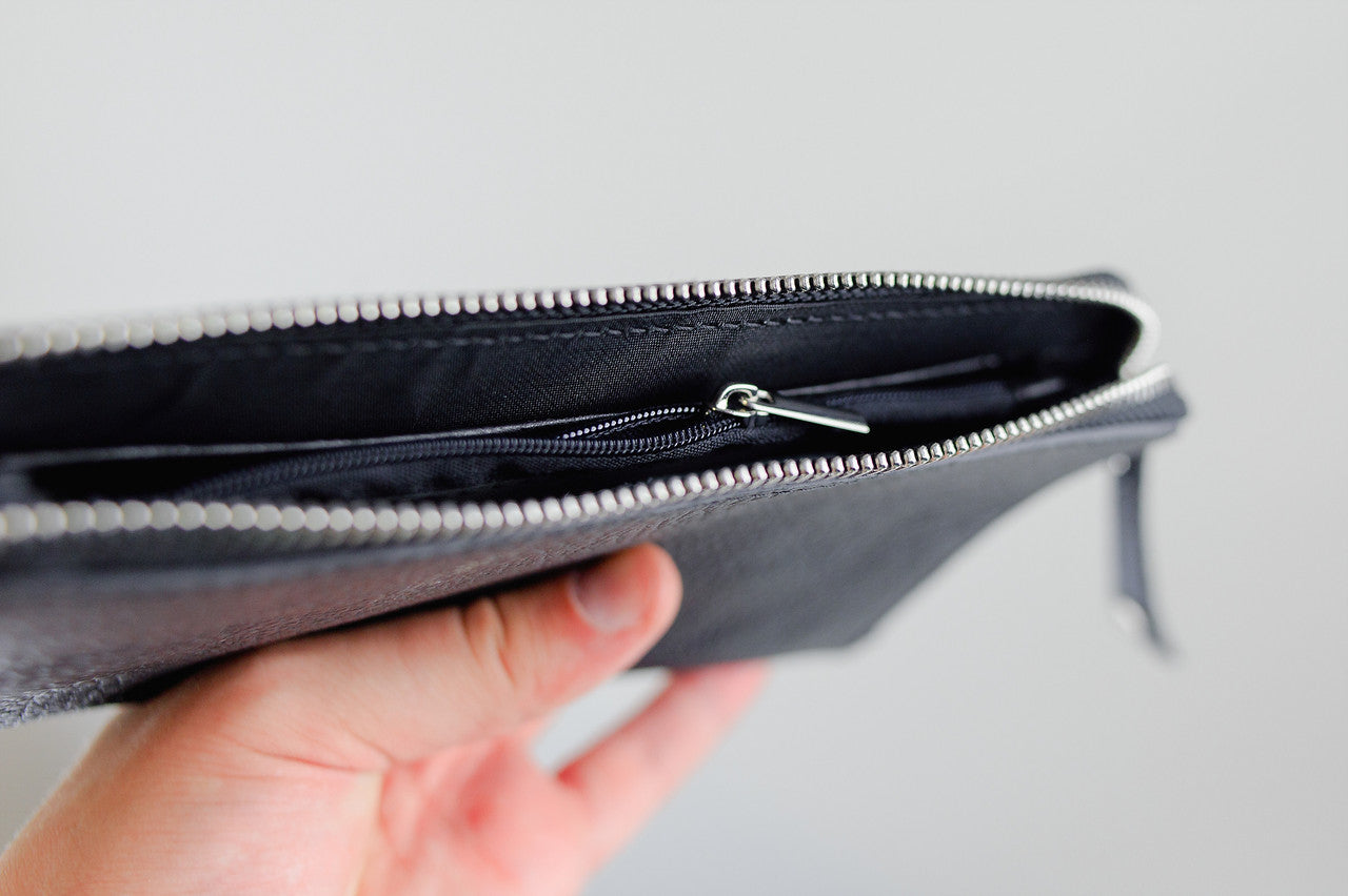 Handmade Mens Black Grain Leather Clutch Wallet Gift for Him Wristlet Zippered Card Holder